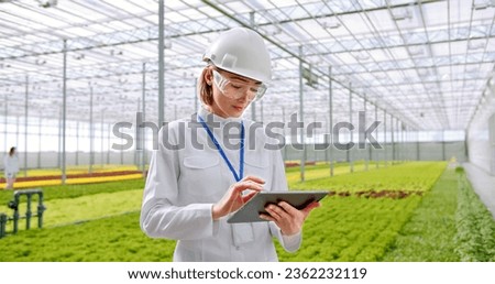 Qualified female agronomist in protective glasses and hard hat making notes on digital tablet at organic farm. Woman inspecting growth quality and chemical data of vegetables at hydroponic site. Royalty-Free Stock Photo #2362232119