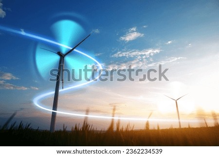 Digital graphic work on green energy power Production. Windmill and graphic diagram of air currents that produce green energy. Green energy power production it is future.Renewable energy  design. Royalty-Free Stock Photo #2362234539