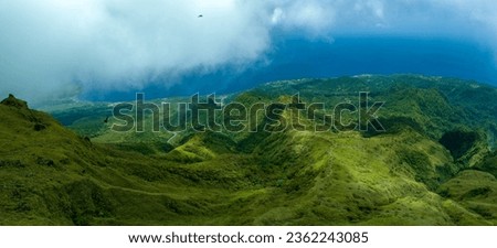 Panoramic picture of a landscape taken on the way to the summit of moun pelé in saint pierre, martinique, caribbean  