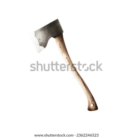 Watercolor camping axe illlustration with wooden handle. Equipment for recreation tourism and adverture isolated on white background. Clip art for designers, travel business, postcards, scrapbooking