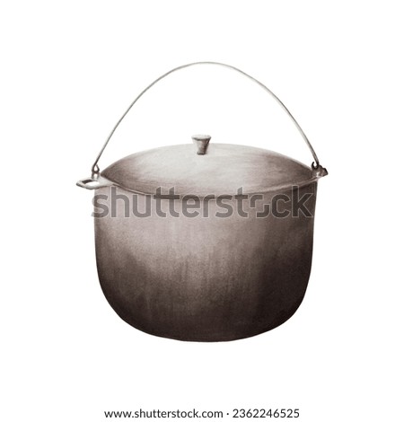 Watercolor big black saucepan for campfire illlustration. Camping equipment for recreation tourism and adverture isolated on white background. Clip art for designers, travel business, postcards