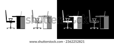 A working area, a table with a computer and an office chair. Icon on a white and black background. Royalty-Free Stock Photo #2362252821