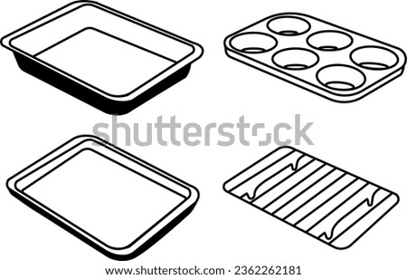 A versatile black and white vector illustration of an oven bakeware set, including a cooling rack, cookie sheet, cake pan, and muffin pan. Ideal for culinary designs and kitchen-themed projects. Royalty-Free Stock Photo #2362262181