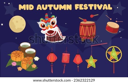 Mid autumn festival vector set. 
Moon festival clip art. Drum, star lantern, lantern, lion dance, moon cake, tea cup. Toy for veitnamese children in mid autumn festival. Flat vector in cartoon style.