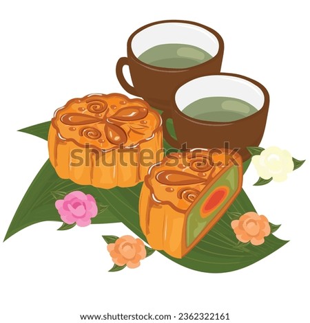 Moon cake and tea vector illustration set. Traditional Chinese moon cake in whole full size, half sliced. Mooncake for mid autumn festival. Bakery. Asian food. Moon cake clip art.