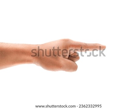 Male hand making a pointing gesture isolated on a white background.