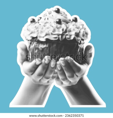 Halftone hands holding a cake. Collage design element in trendy magazine style. Vector illustration with vintage cutout shape.