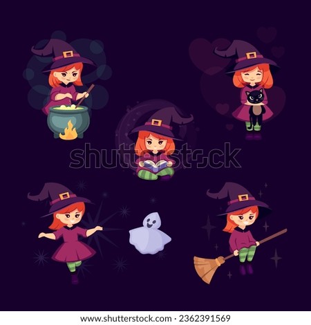 cute halloween witches. cartoon funny autumn mystical fantasy girls set, halloween characters with pumpkin, haunt horrible childish characters. vector cartoon flat graphics. Royalty-Free Stock Photo #2362391569