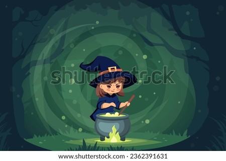 halloween witch in forest. cartoon funny autumn mystical fantasy girl cooking poison elixir forest meadow background, halloween character haunt horrible childish. vector flat cartoon background. Royalty-Free Stock Photo #2362391631
