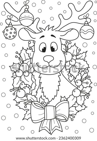 Coloring page outline of cartoon smiling cute deer with christmas wreath. Colorful vector illustration, winters coloring book for kids. Royalty-Free Stock Photo #2362400309