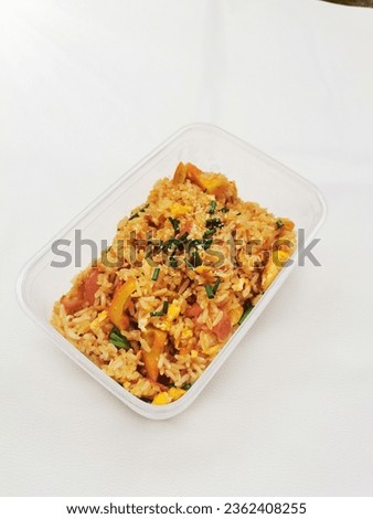 fried rice with bacon on white background 