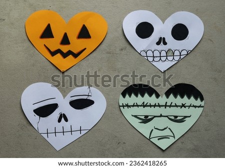 heart shaped halloween cards with hand drawn faces