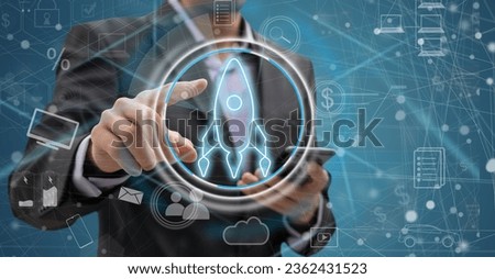 Hand of man in white shirt with smartphone over blue background with double exposure of startup HUD interface. Concept of new project. Toned image