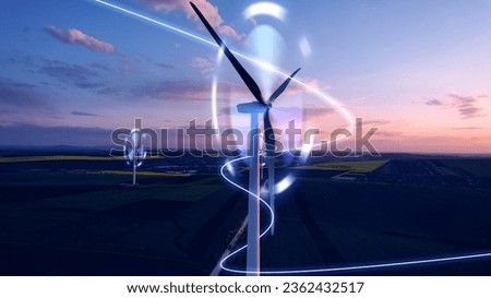Windmill and graphic diagram of air currents that produce green energy. Green energy power production it is future.Renewable energy design.Digital graphic work on green energy power Production. Royalty-Free Stock Photo #2362432517