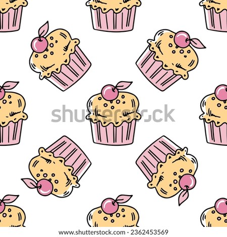 Doodle-style seamless pattern of сupcake with a cherry on top . Festive concept. Hand drawn color vector outline sketch. 