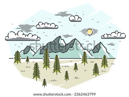 Mountains range and pine forest linear vector illustration isolated on white, line art drawing of mountain peaks and woods wilderness wanderlust theme, beautiful nature landscape.