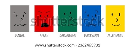 Illustration of abstract faces representing five stages of grief: denial, anger, bargaining, depression and acceptance. Acceptance stages in colors. Royalty-Free Stock Photo #2362463931