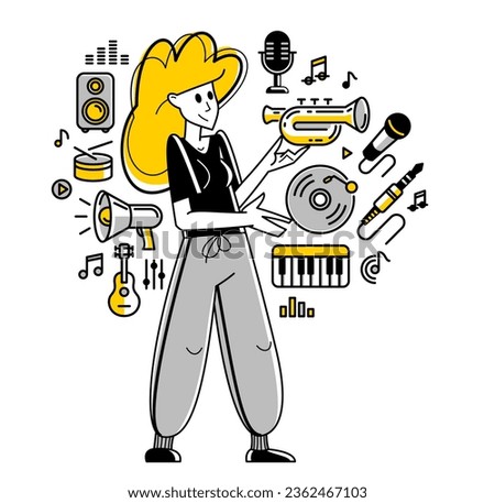 Music producer composing new track vector outline illustration, sound engineer doing his job in recording studio, composer creating audio mix. Royalty-Free Stock Photo #2362467103