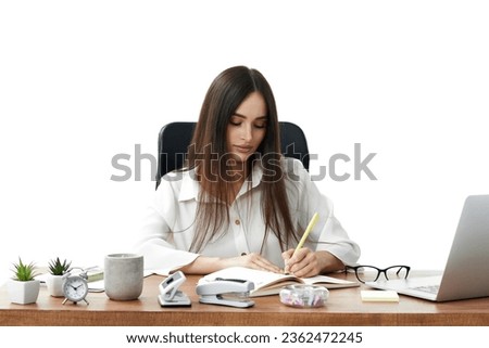 beautiful businesswoman in white shirt taking notes