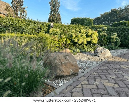 Landscaping with boulders. Flower bed with ornamental grass, hydrangea and boulders on pebbles Royalty-Free Stock Photo #2362489871
