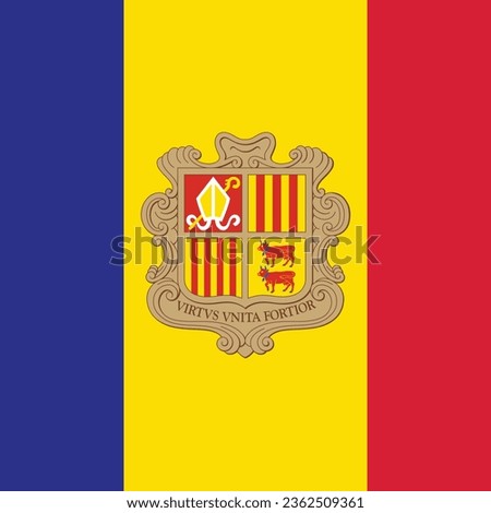 The flag of Andorra. Flag icon. Standard color. A square flag. Computer illustration. Digital illustration. Vector illustration.
