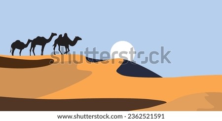 Atmospheric vector illustration of a camel walking in the dry desert as the sun is about to set. 