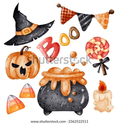 Halloween element set : witch hat, pumpkin Jack o lantern, Witch cauldron, candle, lollipops, bunting flag. isolated on white background.