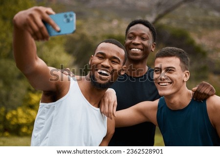 People, fitness and friends in selfie, nature or sports memory together for workout, exercise or training. Happy group of active men smile in outdoor photography, picture or social media at forest