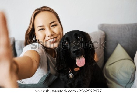 Love, selfie and woman with dog on home sofa to relax and play with animal. Pet owner, care and asian person influencer with companion, smile and friendship or social media profile picture and memory