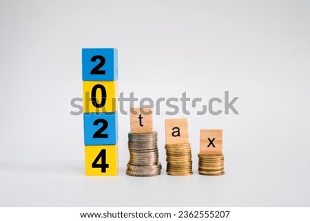 A word of 2024 and tax on wooden block sitting next to stacks of coins