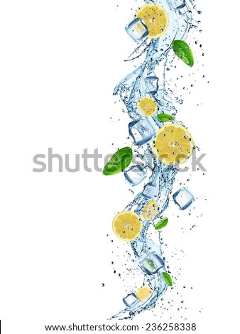 Fresh fruit with water splash over white background