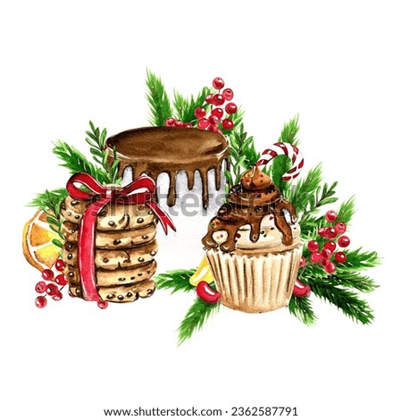 Composition for Christmas. Gifts, cupcake, cake,cookies,fir branches.Composition for Christmas. Gifts, cupcake, cake,c ookies, fir branches.Watercolor hand drawn illustration. Winter holiday.
