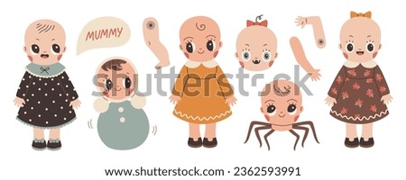 Creepy doll set. Cute Halloween dolls isolated on white flat vector. Halloween sticker, poster, banner, scrapbooking Royalty-Free Stock Photo #2362593991