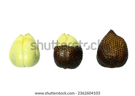 Three variants of peeled and unpeeled snake fruit isolated on white background with clipping path