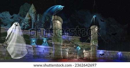 Beautiful Halloween background. Spooky horror night scene with enchanted castle with ghosts in the night. 3D render illustration.