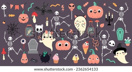 Set of elements for Halloween with cute characters. Set with cute ghosts, pumpkins, skeletons.