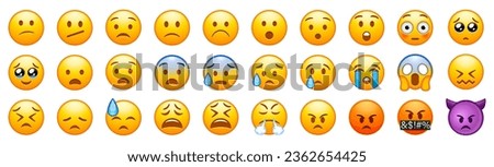 Concerned and Negative emojis set. Emoticons big set. Vector icons set. Social media emoji set. iOS emoji. iPhone emoji. WhatsApp.