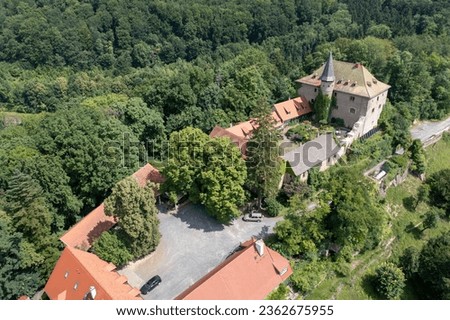 Aerial view, Germany, Schluechtern, Hesse, Main-Kinzig District, Brandenstein Castle Royalty-Free Stock Photo #2362675955