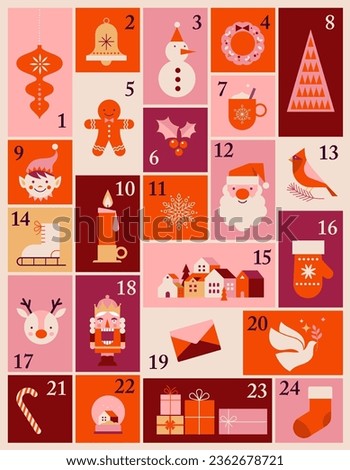 Advent Calendar, Merry Christmas poster, printable template with Xmas elements in modern minimalist style. Vector illustration and concept design