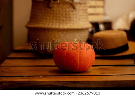 Autumn orange pumpkin on background of hat and wicker basket