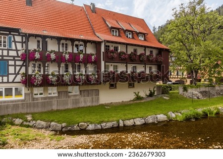 Flower decorated house in Schiltach village, Baden-Wurttemberg state, Germany Royalty-Free Stock Photo #2362679303