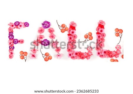 The word fall made from real live flowers and nuts. Creative floral font and thanksgiving day concept, seasonal background, banner or screensaver, creative idea, greeting card or invitation with phall