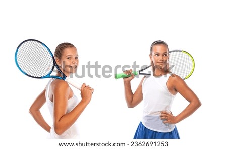 Doubles Tennis. Tennis players teens concept. Template for sports advertising with copy space on white background. Social media post for tenis.