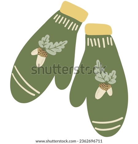 Cottagecore Cozy Mittens with oak leaves and acorns. Hand drawing cute cozy illustration in kids style. Childish cartoon adorable cottagecore hand drawn element. Vector isolated on white