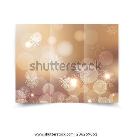 Christmas tri-fold brochure design template with abstract bokeh background and snowflakes. Tri-Fold Mock up & back Brochure Design