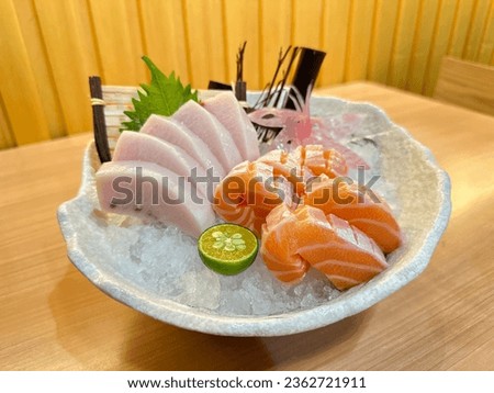Closeup assorted Sashimi, salmon and Swordfish belly. Top view Royalty-Free Stock Photo #2362721911