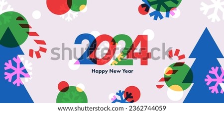 Happy New Year 2024 greeting banner. Trendy modern Xmas design with 2024 typography, overlay elements, candy cane, snowflake, Christmas tree. Horizontal poster, greeting card, header for website