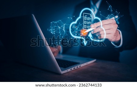 Cloud connection computing technology concept with businessman use laptop (Notebook). Data transfer on social network, Server and storage, Internet security, Big data analytics, Business intelligence