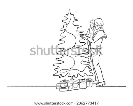Continuous one line drawing of happy family on Christmas Day. Vector illustration.
