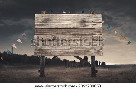 Old rough wooden sign and dark cloudy sky: horror and Halloween concept, blank copy space